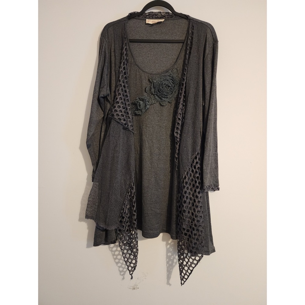 Pretty Angel Gray Knit Cardigan Tank 3D Floral Mesh Eyelet Plus Size 3X